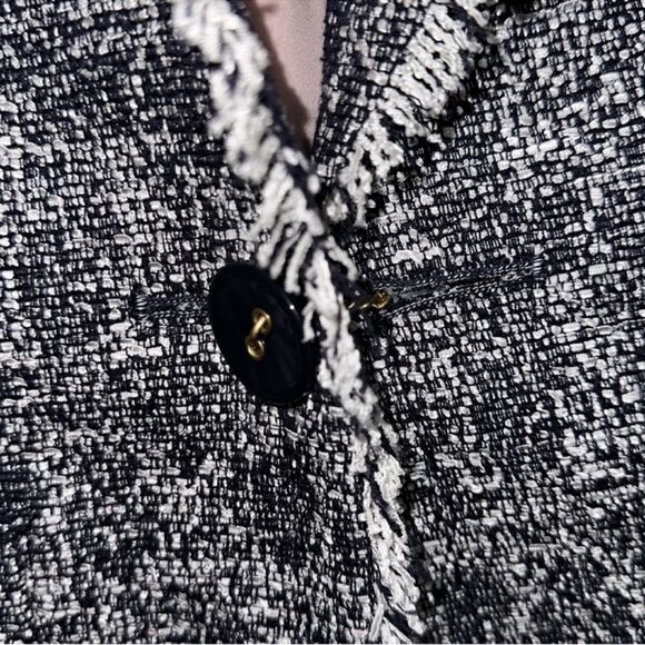 TALBOTS 10 Navy White Tweed One Button Blazer Jacket with Pockets Fringe Trim - Picture 9 of 14